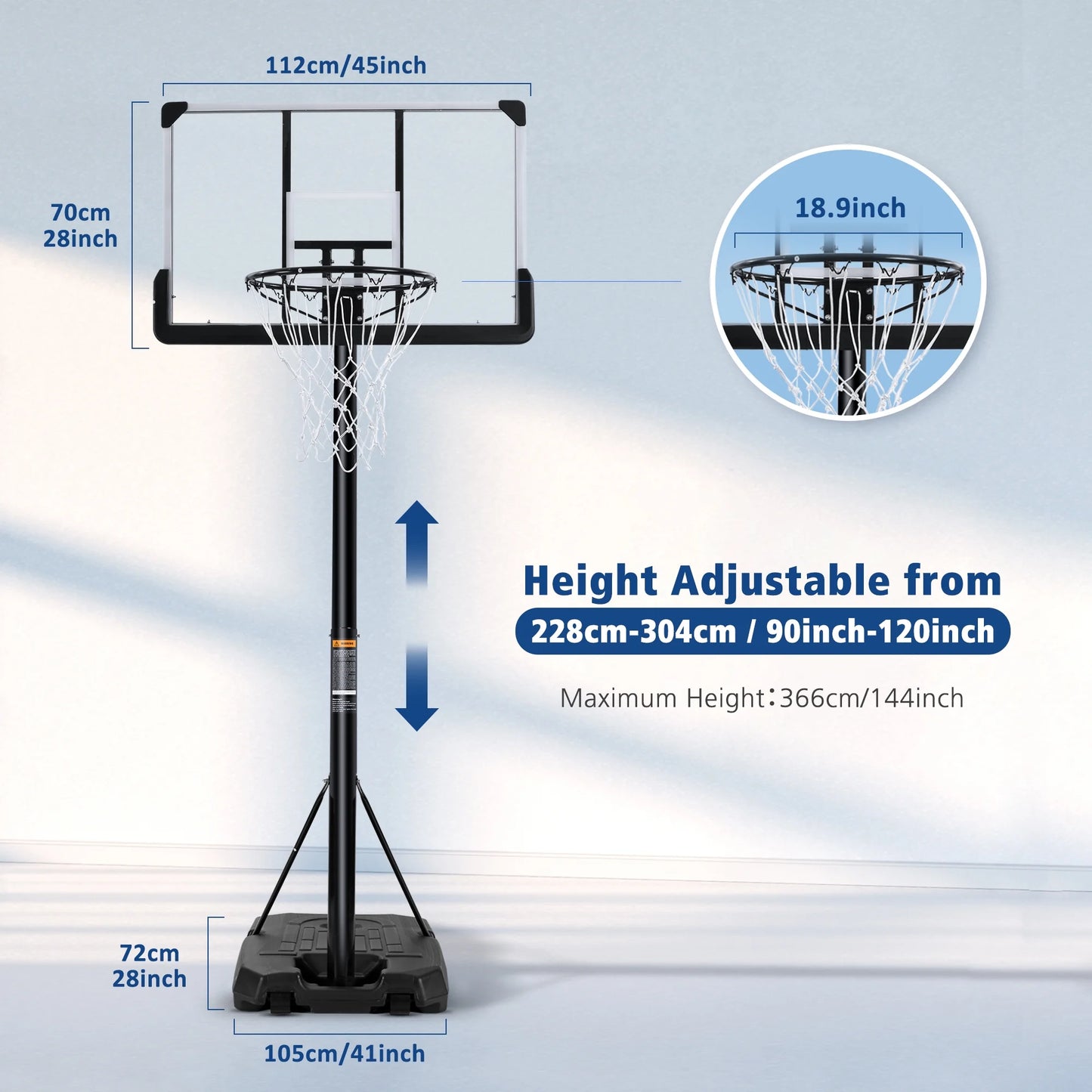 Basketball Hoop Portable Basketball System with Adjustable Height with Big Backboard & Large Base for Youth Adults Family Indoor Outdoor